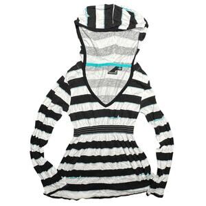 Y2K Volcom Striped Hooded Tunic Babydoll Top Black White Blue Emo Style Size M